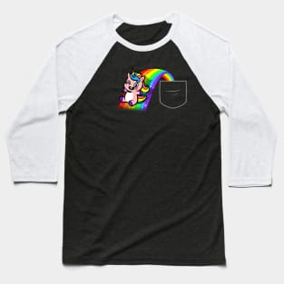 Kawaii Cute Unicorn Cartoon Sliding On Rainbow Pocket Design Baseball T-Shirt